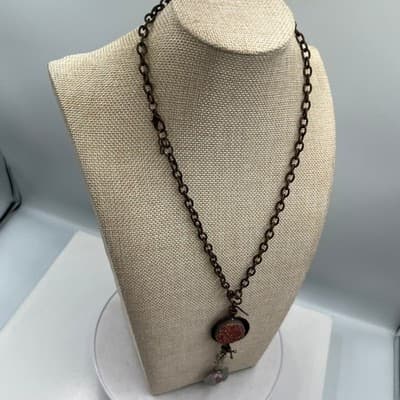 VTG Artisan Copper Tone Druzy Pendant Necklace Rhinestone Heart Leaf Mixed Media - Thumbnail 6