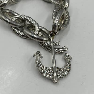 Vintage Silver Tone Chunky Cable Link Bracelet Rhinestone Anchor Charm Nautical - Thumbnail 3