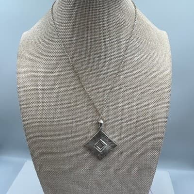 KC Modernist Faux Amber Resin Rhombus Pendant Necklace Silver Tone Rhinestone - Thumbnail 5