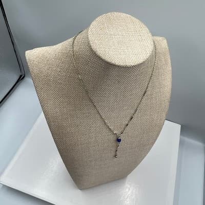 Vintage Silver Tone Blue Cat's Eye Bead Y-Necklace Dainty Bar Link Drop Pendant - Thumbnail 6