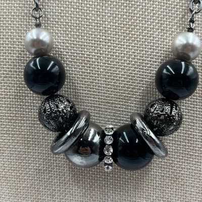 Vintage Chunky Gunmetal Bib Necklace, Silver Mixed Media Beads, Crystal Rondelle - Thumbnail 3