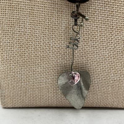 VTG Artisan Copper Tone Druzy Pendant Necklace Rhinestone Heart Leaf Mixed Media - Thumbnail 4