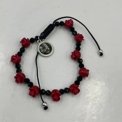 Vintage Religious Red Rose Bud Bead Bracelet Our Lady of Lourdes Medal Cord - Thumbnail 2