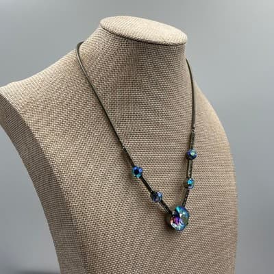 Vintage Iridescent Blue AB Crystal Statement Necklace Gunmetal Snake Chain 18" - Thumbnail 4
