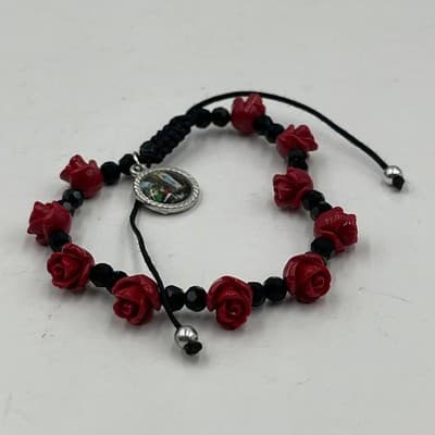 Vintage Religious Red Rose Bud Bead Bracelet Our Lady of Lourdes Medal Cord - Thumbnail 5