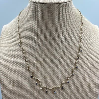 Vintage Silver Tone Wavy S Link Choker Necklace Purple Rhinestone Dangle 16"