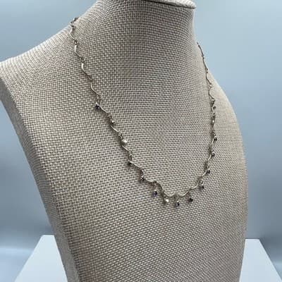Vintage Silver Tone Wavy S Link Choker Necklace Purple Rhinestone Dangle 16" - Thumbnail 4