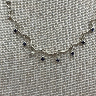 Vintage Silver Tone Wavy S Link Choker Necklace Purple Rhinestone Dangle 16" - Thumbnail 3