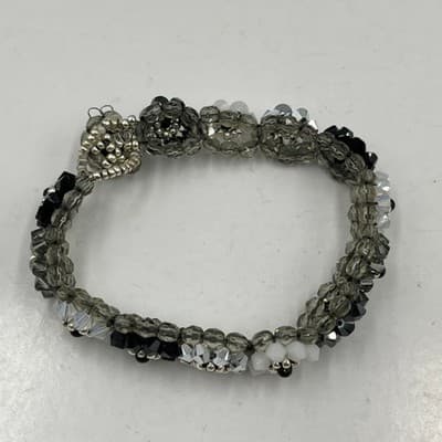 VTG Handcrafted Crystal Floral Beaded Stretch Bracelet Monochrome Black White - Thumbnail 2