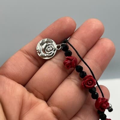 Vintage Religious Red Rose Bud Bead Bracelet Our Lady of Lourdes Medal Cord - Thumbnail 6