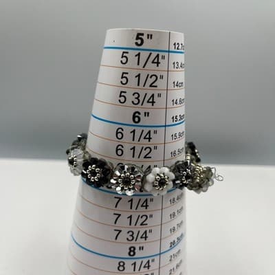 VTG Handcrafted Crystal Floral Beaded Stretch Bracelet Monochrome Black White - Thumbnail 6