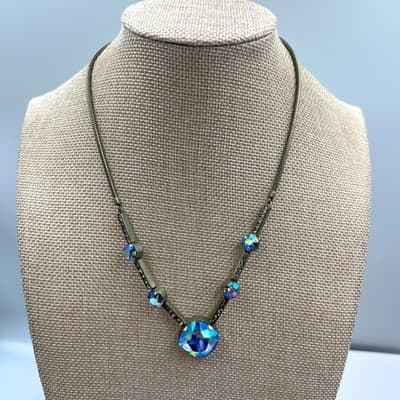 Vintage Iridescent Blue AB Crystal Statement Necklace Gunmetal Snake Chain 18"