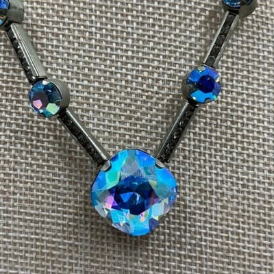 Vintage Iridescent Blue AB Crystal Statement Necklace Gunmetal Snake Chain 18" - Thumbnail 3