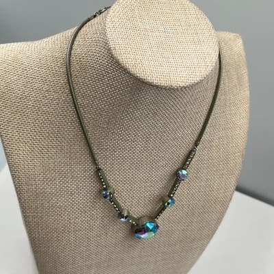 Vintage Iridescent Blue AB Crystal Statement Necklace Gunmetal Snake Chain 18" - Thumbnail 5