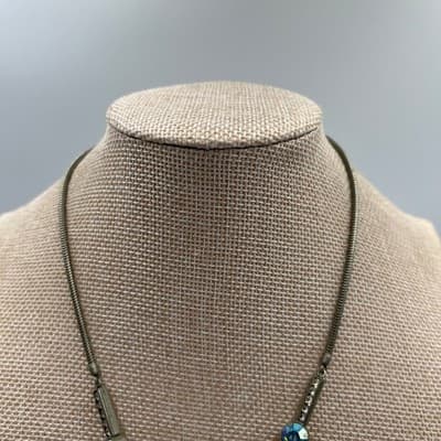 Vintage Iridescent Blue AB Crystal Statement Necklace Gunmetal Snake Chain 18" - Thumbnail 2