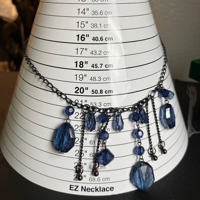 Vintage Blue Faceted Beads Tassel Necklace Gunmetal Chain Boho Statement Jewelry - Thumbnail 6