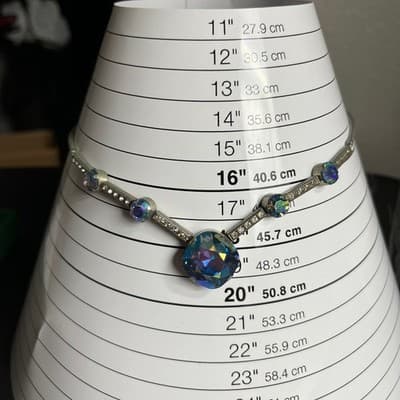 Vintage Iridescent Blue AB Crystal Statement Necklace Gunmetal Snake Chain 18" - Thumbnail 9