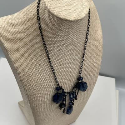 Vintage Blue Faceted Beads Tassel Necklace Gunmetal Chain Boho Statement Jewelry - Thumbnail 5