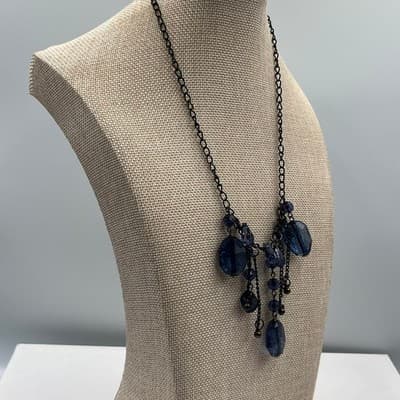 Vintage Blue Faceted Beads Tassel Necklace Gunmetal Chain Boho Statement Jewelry - Thumbnail 4