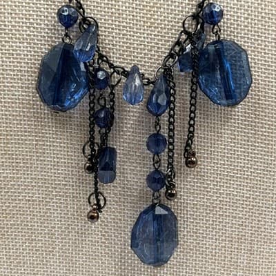 Vintage Blue Faceted Beads Tassel Necklace Gunmetal Chain Boho Statement Jewelry - Thumbnail 3
