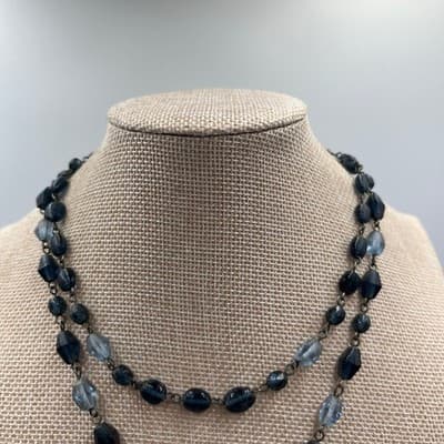 Vintage Double-Strand Blue Bead Necklace Square Jeweled Pendant Floral Art Deco - Thumbnail 2