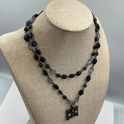 Vintage Double-Strand Blue Bead Necklace Square Jeweled Pendant Floral Art Deco - Thumbnail 6