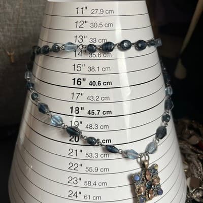 Vintage Double-Strand Blue Bead Necklace Square Jeweled Pendant Floral Art Deco - Thumbnail 8