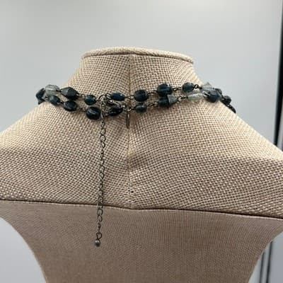 Vintage Double-Strand Blue Bead Necklace Square Jeweled Pendant Floral Art Deco - Thumbnail 7