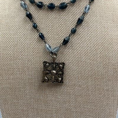 Vintage Double-Strand Blue Bead Necklace Square Jeweled Pendant Floral Art Deco - Thumbnail 4