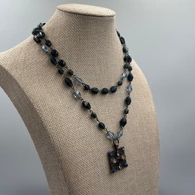 Vintage Double-Strand Blue Bead Necklace Square Jeweled Pendant Floral Art Deco - Thumbnail 5
