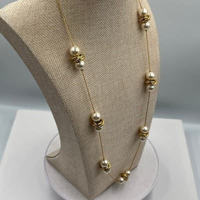 Vintage Long Gold Tone Station Necklace Cream Faux Pearl Clusters Chunky Spiral - Thumbnail 6