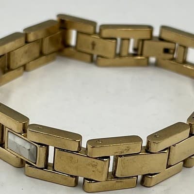 Vintage Gold Tone Rectangular Link Bracelet White Marble Inlay Fold Over Clasp - Thumbnail 4