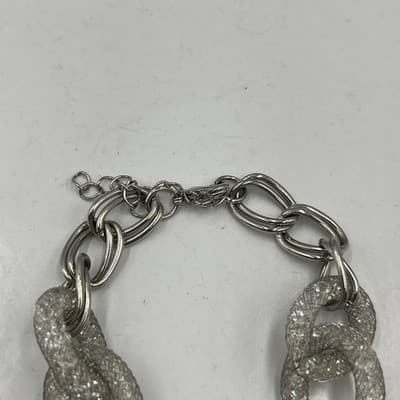 Vintage Chunky Silver Mesh Curb Link Bracelet Crystal Filled Statement Jewelry - Thumbnail 2