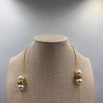 Vintage Long Gold Tone Station Necklace Cream Faux Pearl Clusters Chunky Spiral - Thumbnail 2