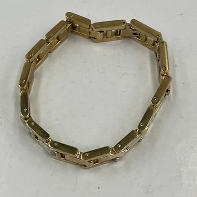 Vintage Gold Tone Rectangular Link Bracelet White Marble Inlay Fold Over Clasp - Thumbnail 5