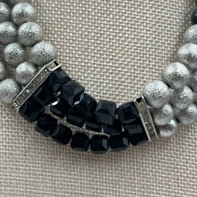 Vintage Triple Strand Black Onyx Style & Silver Stardust Bead Statement Necklace - Thumbnail 3