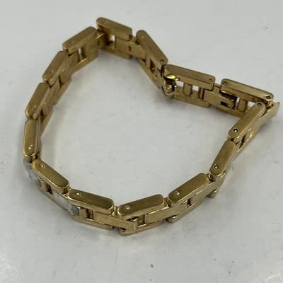 Vintage Gold Tone Rectangular Link Bracelet White Marble Inlay Fold Over Clasp - Thumbnail 2