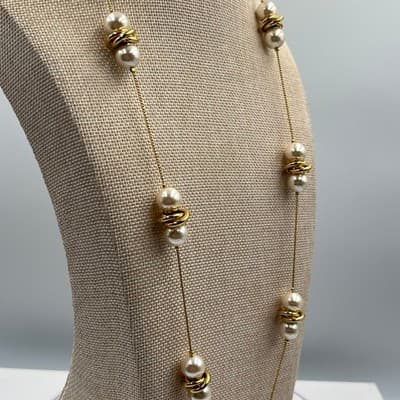 Vintage Long Gold Tone Station Necklace Cream Faux Pearl Clusters Chunky Spiral - Thumbnail 5