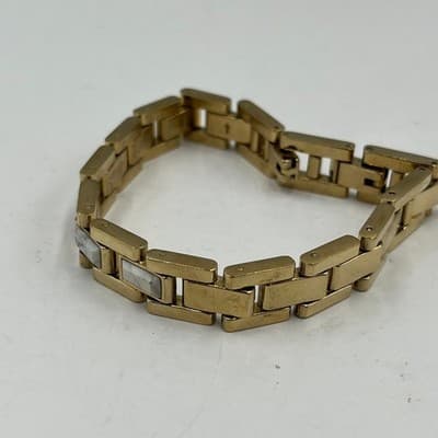 Vintage Gold Tone Rectangular Link Bracelet White Marble Inlay Fold Over Clasp - Thumbnail 3