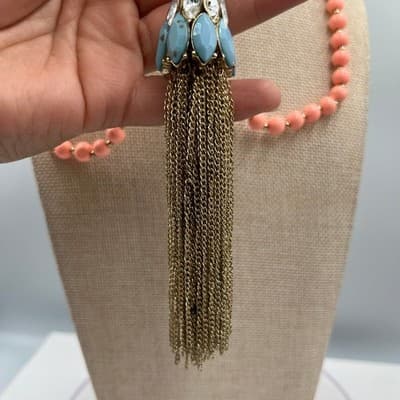 Vintage Charming Charlie Coral Bead Tassel Necklace Hypo Allergenic Blue Stone - Thumbnail 9