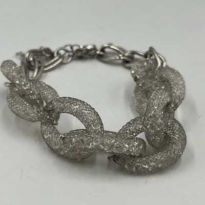 Vintage Chunky Silver Mesh Curb Link Bracelet Crystal Filled Statement Jewelry - Thumbnail 4