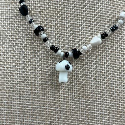 Handmade Black and White Mushroom Charm Beaded Necklace Whimsical Goth Jewelry - Thumbnail 3