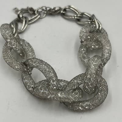 Vintage Chunky Silver Mesh Curb Link Bracelet Crystal Filled Statement Jewelry - Thumbnail 3