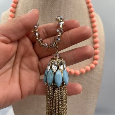 Vintage Charming Charlie Coral Bead Tassel Necklace Hypo Allergenic Blue Stone - Thumbnail 8