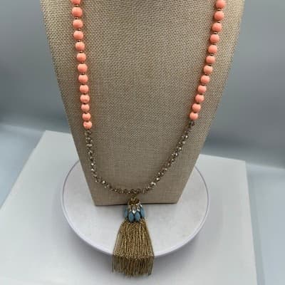 Vintage Charming Charlie Coral Bead Tassel Necklace Hypo Allergenic Blue Stone - Thumbnail 4