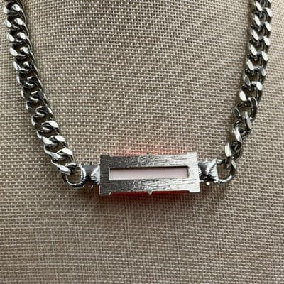 VTG Statement Chunky Silver Tone Curb Chain Necklace Faceted Rectangle Pendant - Thumbnail 6