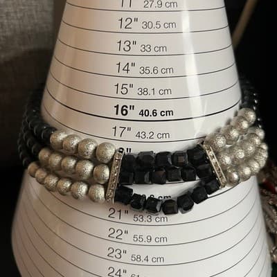 Vintage Triple Strand Black Onyx Style & Silver Stardust Bead Statement Necklace - Thumbnail 6