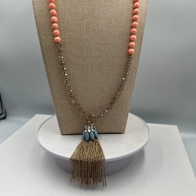 Vintage Charming Charlie Coral Bead Tassel Necklace Hypo Allergenic Blue Stone - Thumbnail 2