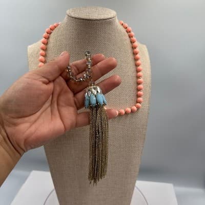 Vintage Charming Charlie Coral Bead Tassel Necklace Hypo Allergenic Blue Stone - Thumbnail 7