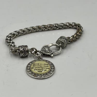 VTG Memorial Sentiment Charm Bracelet Silver Tone Wheat Chain Heart Rhinestone - Thumbnail 4